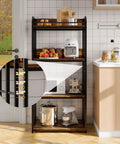 Knockout Four Tier Industrial Baker Rack With Adjustable Kitchen Storage Shelves For Microwaves And Pans Heavy Duty Pantry Organizer showcasing fruits, appliances, and pot storage.