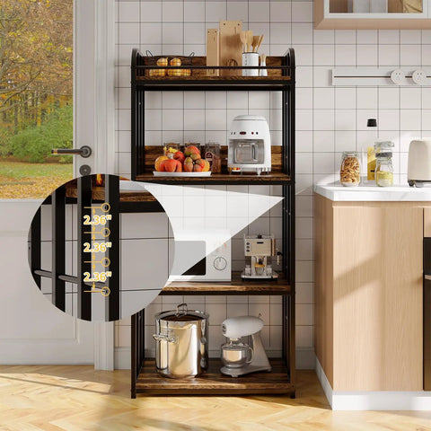 Knockout Four Tier Industrial Baker Rack With Adjustable Kitchen Storage Shelves For Microwaves And Pans Heavy Duty Pantry Organizer showcasing fruits, appliances, and pot storage.