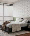 Bedroom with 33 Pack 3D Diamond Wall Panels For Interior Decor, PVC Flower Texture Wall Panels, White 12x12 Inches, behind bed