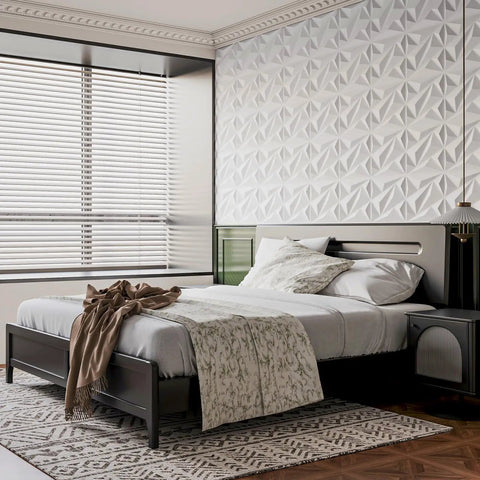 Bedroom with 33 Pack 3D Diamond Wall Panels For Interior Decor, PVC Flower Texture Wall Panels, White 12x12 Inches, behind bed