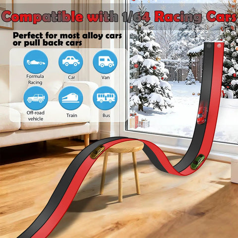 Flexible 15 Ft Race Track Starter Set With Strong Suction Cups For Kids 3 Plus on window with diecast cars, indoor use