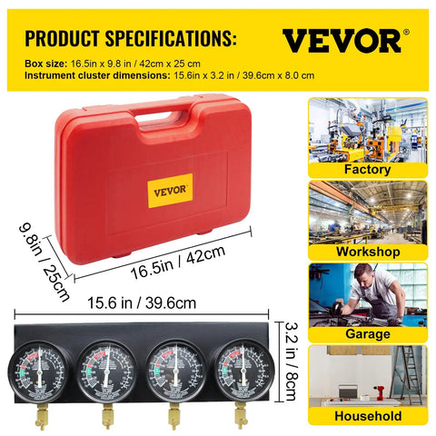 Fuel Vacuum Carburetor Synchronizer Tool Kit With 2 Inch Gauge Set And Rubber Hose For Motorcycle Tuning Carb Sync Gauge With Readouts From 0 To 76 cm Hg Shutoff Valve Chrome Finish Easy Spark Misfire Troubleshooting And Engine Performance, four-gauge case