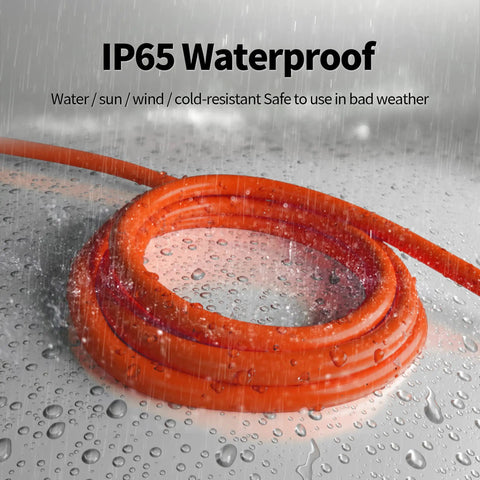 100 Ft 12/3 Outdoor Extension Cord Waterproof Heavy Duty with Lighted End coiled, wet in rain, showcasing weatherproof feature