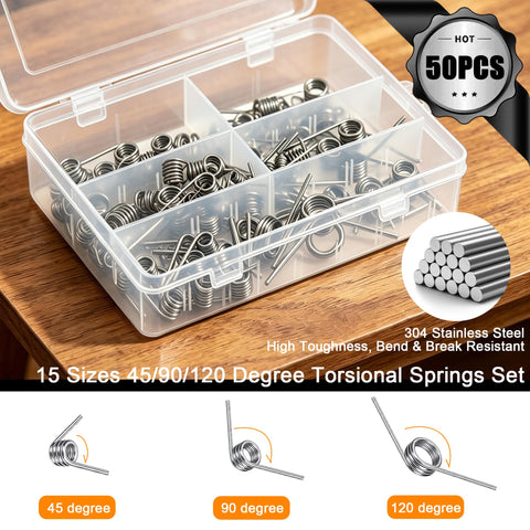 DIY Torsion Springs Set, 50 Piece Assortment With 15 Sizes, 0.5 To 2.5mm Wire, 45 90 120 Degree Angles, Premium 304 Stainless Steel in case
