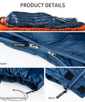 Ultralight RDS Down Sleeping Bag for Adults, 650 Fill Power, showing zipper, nylon shell, and adjustment buckle details.