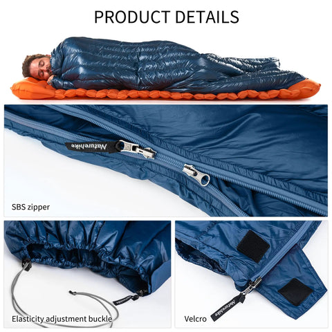 Ultralight RDS Down Sleeping Bag for Adults, 650 Fill Power, showing zipper, nylon shell, and adjustment buckle details.