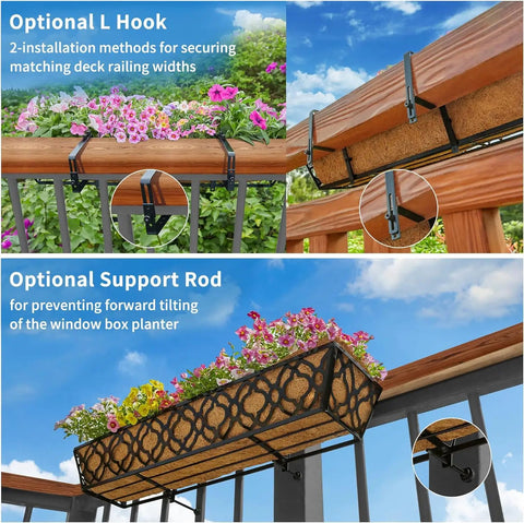 Adjustable Railing Planter Boxes Set, 4 Pack Of 30 Inch And 2 Pack Of 24 Inch, Hanging Balcony Planter, Deck Railing Box shown installed