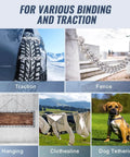 Images demonstrating uses of Grade 30 Chain Quarter Inch By 100 Feet Zinc Plated Proof Coil Chain for traction, fences, hanging, clotheslines, and dog tethering.