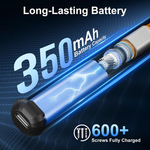 Handy Mini Electric Screwdriver Kit With 50 Precision Bits And 5 Torque Settings battery diagram showing 350mAh capacity