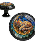 Set Of 4 Stained Glass Sleeping Cat And Moon Cabinet Knobs Round Acrylic Drawer Pulls featuring cat on crescent moon