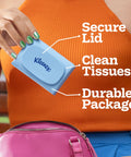 Person holding Snap And Go Ultra Soft Facial Tissues Travel Size Four On The Go Packs With Twenty Five Tissues Per Pack Three Ply