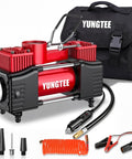 Beefy 12V Double Cylinder Tire Inflator With Direct Drive Portable Air Compressor Pump Emergency LED Light 150 PSI Fast Inflation For Cars SUVs And RVs Includes 2.46 Feet Hose And 11 Feet Extension, shown with accessories and carrying bag.