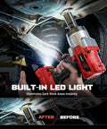 Garage Tested Heavy Hitter 1/2 Inch Cordless Impact Wrench with LED light illuminating dark area while removing lug nuts.