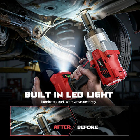 Garage Tested Heavy Hitter 1/2 Inch Cordless Impact Wrench with LED light illuminating dark area while removing lug nuts.
