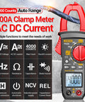 All-In-One Digital Clamp Meter Multimeter For AC And DC Current And Voltage NCV Capacitance Resistance Diodes Continuity Frequency Backlit LCD 4000 Counts Handy Pro-Grade Electrician Tool For Quick Troubleshooting shown with features.