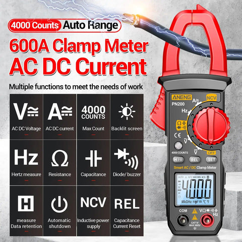 All-In-One Digital Clamp Meter Multimeter For AC And DC Current And Voltage NCV Capacitance Resistance Diodes Continuity Frequency Backlit LCD 4000 Counts Handy Pro-Grade Electrician Tool For Quick Troubleshooting shown with features.