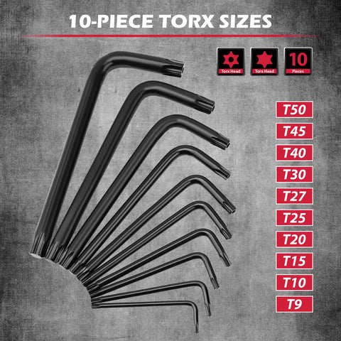 41 Piece Hex Key And Torx Wrench Set With Torque Handle, SAE And Metric L Shaped Allen Keys, T9-T50 Torx displayed