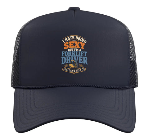 Forklift Theme Trucker Hat With Adjustable Mesh Back Navy Blue for warehouse workers, front view with mesh and slogan