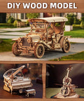 Rowood oak plywood model kits: unfinished wooden DIY models (3 items) of a vintage car, grand piano, and ornate guitar.