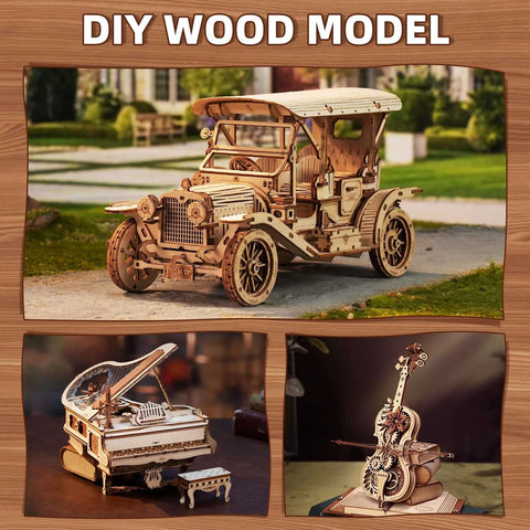 Rowood oak plywood model kits: unfinished wooden DIY models (3 items) of a vintage car, grand piano, and ornate guitar.