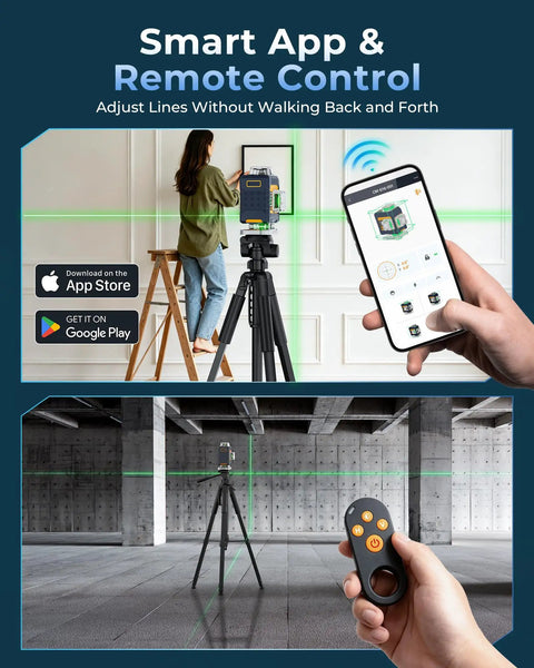 360 Degree Laser Level Self Leveling Kit With Four 360 Degree Green Lasers 16 Bright Lines For Precise Tile And Room Layouts From Floor To Ceiling Square Off Walls And Ceilings Like A Pro. app and remote control laser level on tripod in room