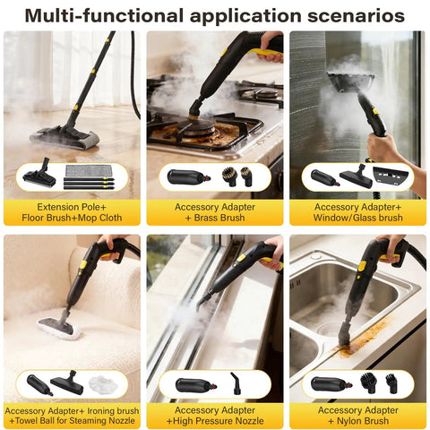 Multi-functional application of Top Shelf Multi Purpose Steam Cleaner That Crushes Stubborn Tile Grout Burns Off Kitchen Grease And Whips Car Interiors To A Flawless Shine With 23 Heavy Duty Nozzles Chemical Free Deep Cleaning Power.