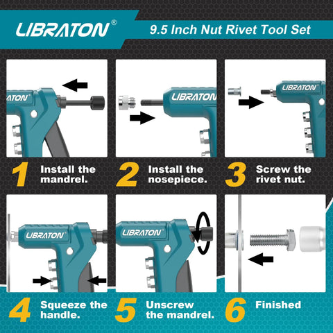 One Handed Rivet Nut Gun Kit With 80 Threaded Nuts And 8 Interchangeable Mandrels M3 M4 M5 M6 6-32 8-32 10-24 1/4-20 usage instructions