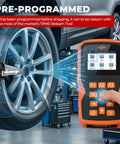 Dead On Fit Tire Pressure Monitoring System Sensors 315MHZ Direct OE Replacement with relearn tool next to tire.