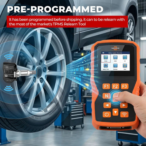 Dead On Fit Tire Pressure Monitoring System Sensors 315MHZ Direct OE Replacement with relearn tool next to tire.
