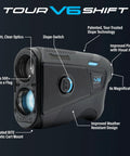 Slope Adjusted Golf Laser Rangefinder Dead Nuts Accurate With Visual Jolt Target Lock Built Like A Tank Tournament Legal Toggle Switch Sleek Black Finish features close-up image with optical zoom and controls.
