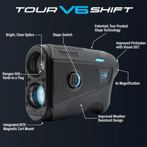 Slope Adjusted Golf Laser Rangefinder Dead Nuts Accurate With Visual Jolt Target Lock Built Like A Tank Tournament Legal Toggle Switch Sleek Black Finish features close-up image with optical zoom and controls.