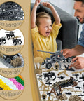 Father and child playing with Epic Military Building Block Arsenal Kit With Anti Aircraft Gun Drone And Mechanical Dog 260 Piece Army Gear Set.