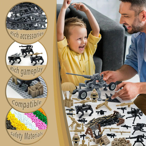 Father and child playing with Epic Military Building Block Arsenal Kit With Anti Aircraft Gun Drone And Mechanical Dog 260 Piece Army Gear Set.