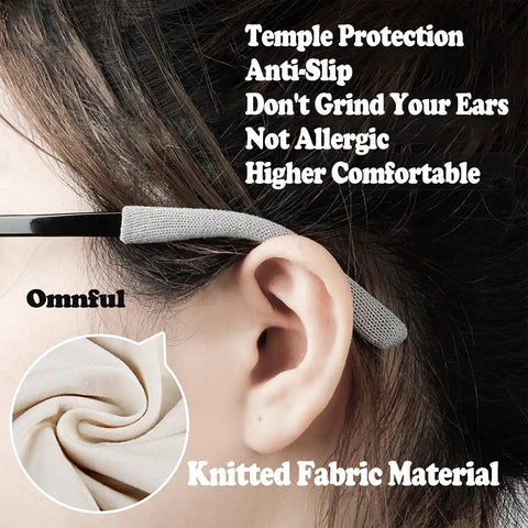 Comfy Soft Cotton Eyeglasses Ear Cushions Set Anti Slip Elastic Temple Tips Sleeve Retainer Grips showcasing knitted fabric in use
