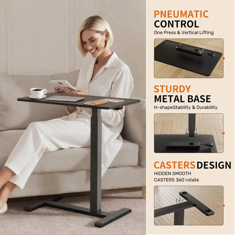 Mobile Standing Desk With Wheels Height Adjustable Pneumatic Laptop Desk Overbed Table in use by woman, black metal