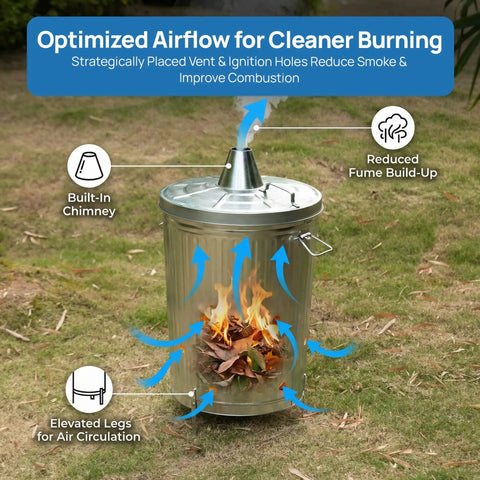 Beefy 20 Gallon Galvanized Steel Incinerator Can With Lid And Vent Holes For Outdoor Burning Of Leaves Paper Yard Waste Garden