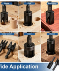 8 Piece Wood Plug Cutter Set Black Oxide Carbon Steel for precise cuts in Maple, Pine, Mahogany, Alder, Cedar, Walnut woods.