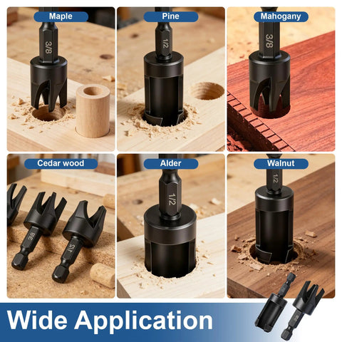 8 Piece Wood Plug Cutter Set Black Oxide Carbon Steel for precise cuts in Maple, Pine, Mahogany, Alder, Cedar, Walnut woods.