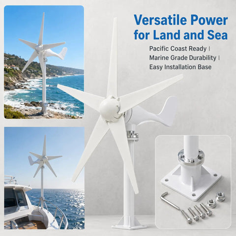 Beefy 1200W Wind Generator With 5 Blade Low Start Up Speed 2.5 m/s mounted on coastal terrain and yacht