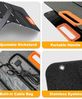 Top Shelf Solar Generator Bundle 200 Watt Panel details: adjustable kickstand, portable handle, built-in cable bag, stainless eyelets.