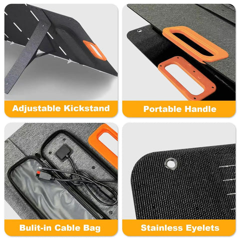 Top Shelf Solar Generator Bundle 200 Watt Panel details: adjustable kickstand, portable handle, built-in cable bag, stainless eyelets.