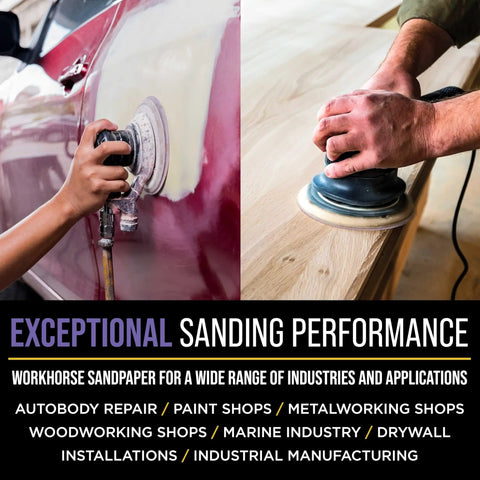 Top Shelf 120 Grit 5 Inch Purple Ceramic Mesh Sanding Discs Sticky Hook And Loop Backing For Random Orbital Sanders Box Of 30 being used on car and wood surface.