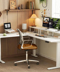 Electric L-Shaped Standing Desk With Monitor Stand And Built In Power Outlets 59 Inch Height Adjustable Sit Stand Desk For Home Office A Real Workhorse Lift Table For Workstation White with office chair and computer setup