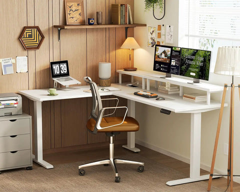 Electric L-Shaped Standing Desk With Monitor Stand And Built In Power Outlets 59 Inch Height Adjustable Sit Stand Desk For Home Office A Real Workhorse Lift Table For Workstation White with office chair and computer setup