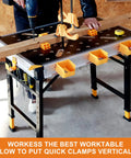 Beefed Up Folding Work Table With A Rock Solid One Thousand Pound Load Rating And Five Step Height Tweaks Featuring A Full Docking Grid with quick clamps and tool caddies.