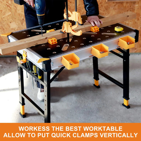 Beefed Up Folding Work Table With A Rock Solid One Thousand Pound Load Rating And Five Step Height Tweaks Featuring A Full Docking Grid with quick clamps and tool caddies.