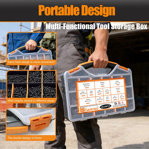 1020 Piece High Hardness Wood Screws Assortment Kit With 13 Sizes portable box with compartments in use