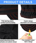 Close-up details of 2 Pack Flame Resistant Welding Caps For Men And Women showing sewing, elastic, mesh lining, and flame test.