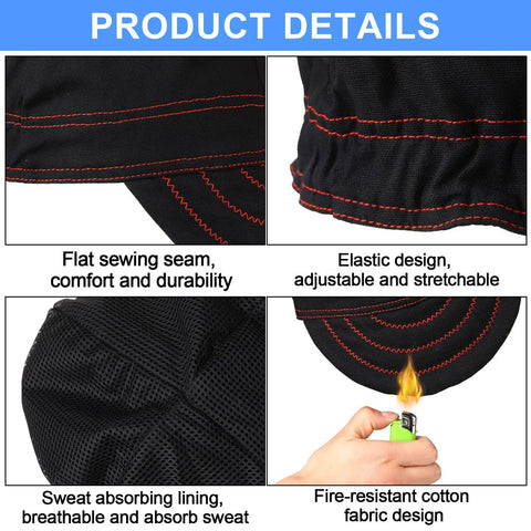 Close-up details of 2 Pack Flame Resistant Welding Caps For Men And Women showing sewing, elastic, mesh lining, and flame test.