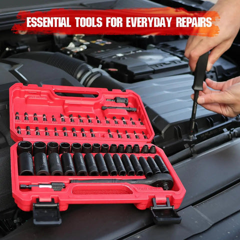 64 Piece One Quarter Inch Drive Impact Socket Set With Deep And Shallow Sockets Cr-V And S2 Power Bits in a red case
